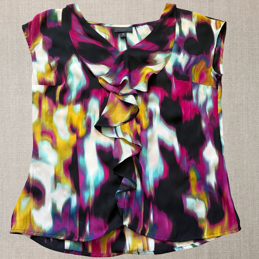 Worthington Petite Abstract Watercolor Ruffle V-Neck Sleeveless Blouse Magenta